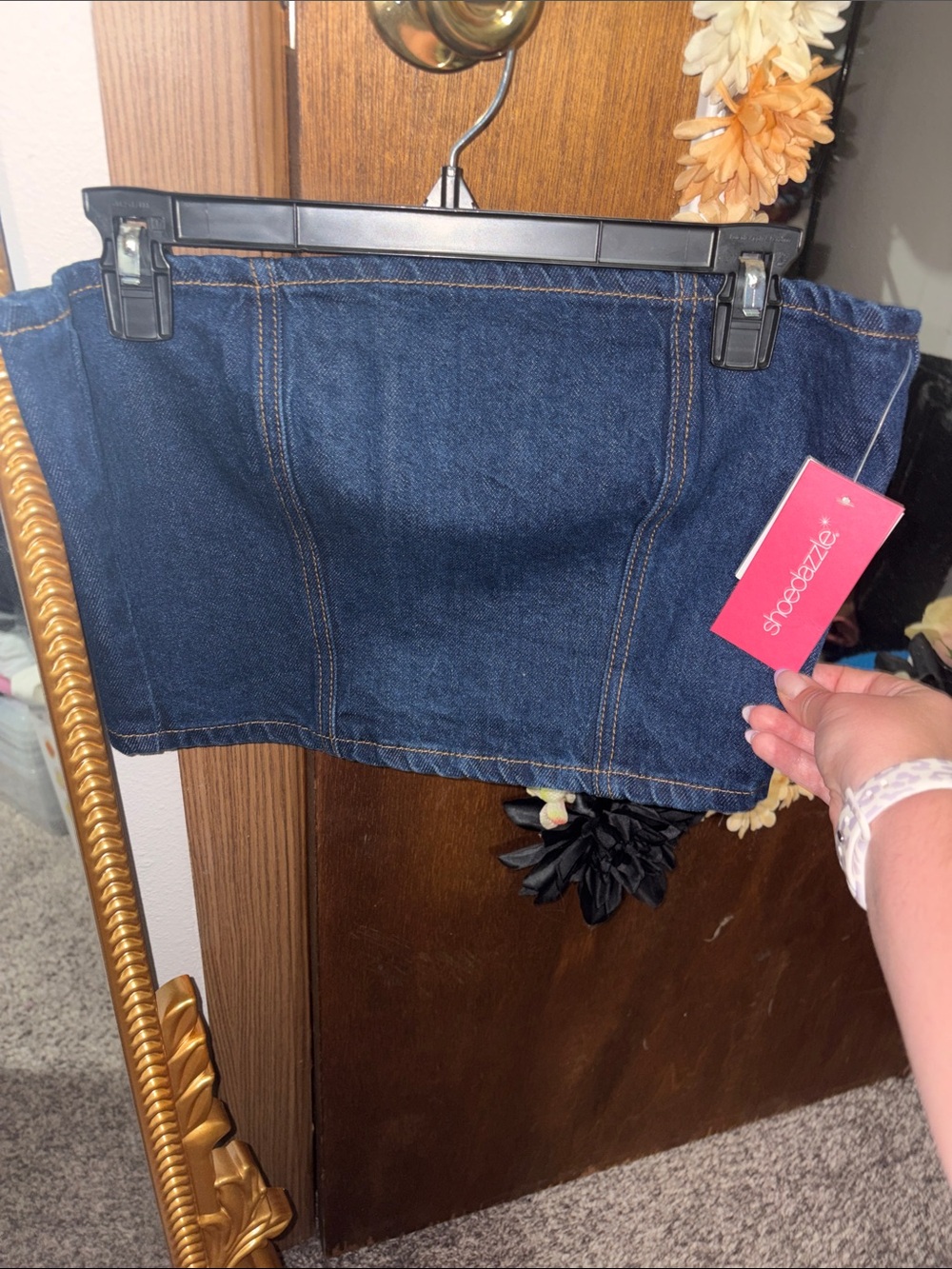 Shoe Dazzle Dark Blue Denim Top with back Zipper